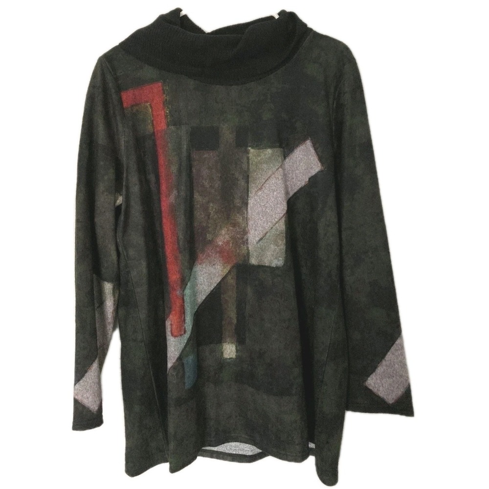 Trisha Tyler Tunic Top Women L Multicolor Cowl Neck Geometric Artsy Stretch NWT